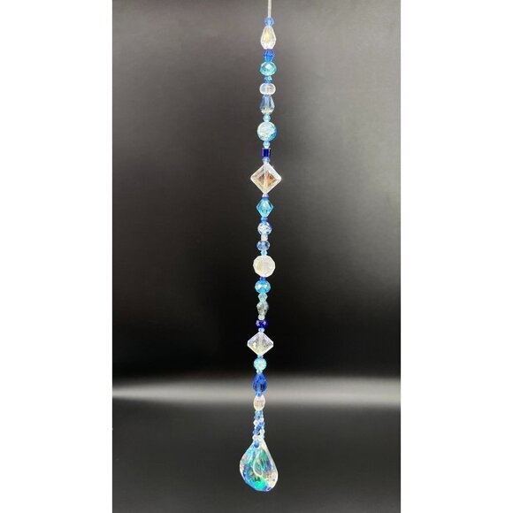 Blue Beaded Suncatcher - Clear Crystal Prism - Indoor Outdoor Hanging Decor - Picture 2 of 16